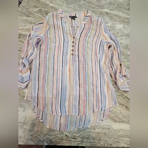Robert Louis Striped Button Front Blouse S Lightweight Pastel Roll Tab Sleeve